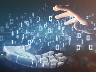 Cyborg hand holding a Data binary cloud 3d rendering