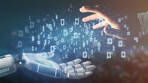 Cyborg hand holding a Data binary cloud 3d rendering