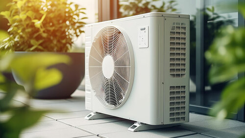 Air source heat pump installed in residential building. Generative AI