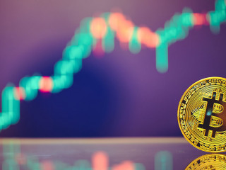 Bitcoin is a gold coin and a defocused graphics background. on t