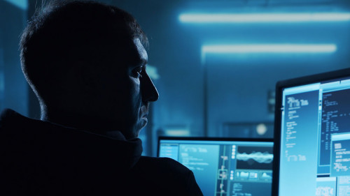 Computer Hacker in Hoodie. Obscured Dark Face. Concept of Hacker Attack, Virus Infected Software, Dark Web and Cyber Security.