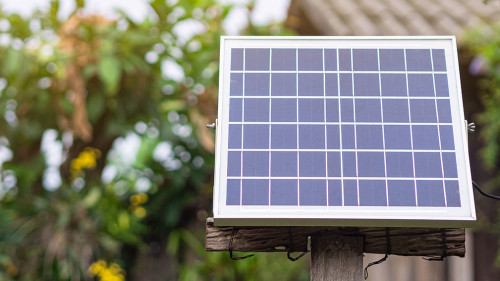 Small size solar cells panels in the garden. Installation photov