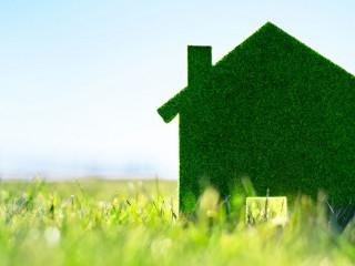 Green ecological house in empty field concept for construction a