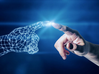 Businessman hand pointing at polygonal hand on dark blue background. Technology and digital transformation concept.