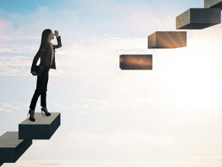 Businesswoman in career growth and challenge concept with broken staircase on bright sky background.