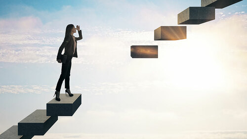 Businesswoman in career growth and challenge concept with broken staircase on bright sky background.