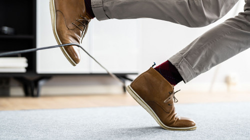 Wire Cord Trip Over And Fall. Feet Stumble