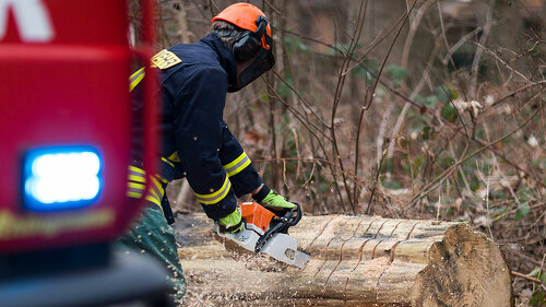 Feuerwehrmann mit Kettensäge beseitigt Sturmschaden