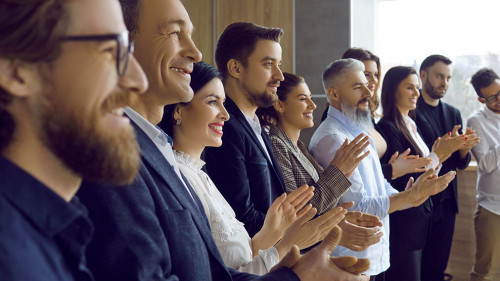 Banner of businesspeople clap hands show acknowledgement