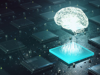 Machine learning , artificial intelligence , ai, deep learning blockchain neural network concept. Brain made with shining wireframe above multiple blockchain cpu on circuit board 3d render.