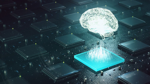 Machine learning , artificial intelligence , ai, deep learning blockchain neural network concept. Brain made with shining wireframe above multiple blockchain cpu on circuit board 3d render.
