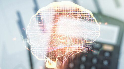Virtual creative artificial Intelligence hologram with human brain sketch on blurry calculator and papers background. Double exposure