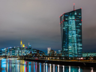 European Central Bank, ECB, at night in front of the illuminated