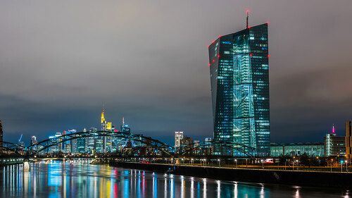 European Central Bank, ECB, at night in front of the illuminated