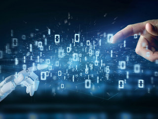 Cyborg hand holding a Data binary cloud 3d rendering