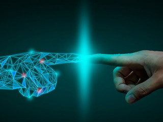 a human hand touching with digital hand, digital transformation