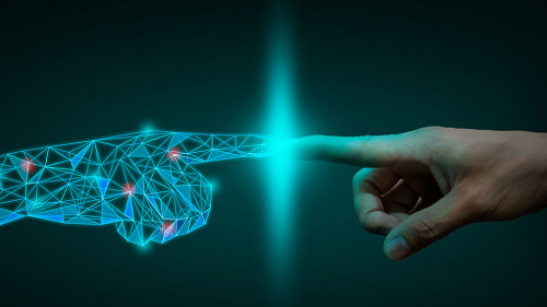 a human hand touching with digital hand, digital transformation