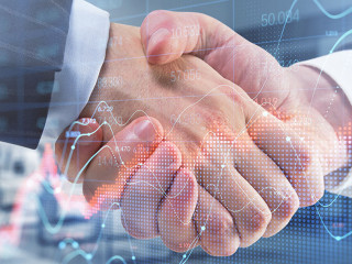Close up of business men shaking hands with abstract red forex chart index on blurry office interior background. Digital data, teamwork, company and crisis concept. Double exposure.
