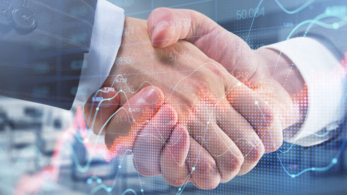 Close up of business men shaking hands with abstract red forex chart index on blurry office interior background. Digital data, teamwork, company and crisis concept. Double exposure.