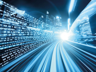 Digital data flow on road with motion blur to create vision of fast speed transfer