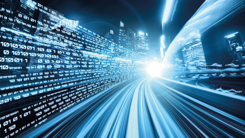 Digital data flow on road with motion blur to create vision of fast speed transfer