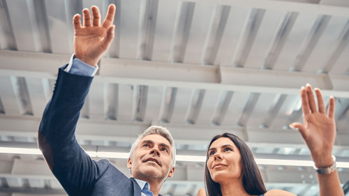 Successful entrepreneur is discussing and reach goal