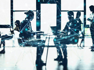 Network background concept with business people silhouette working in the office. Double exposure and network effects