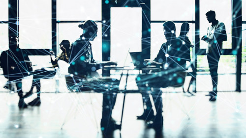 Network background concept with business people silhouette working in the office. Double exposure and network effects