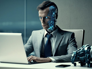 AI chatbot robot assistant sitting at desk using computer as artificial intelligence. Business concept. AI generated