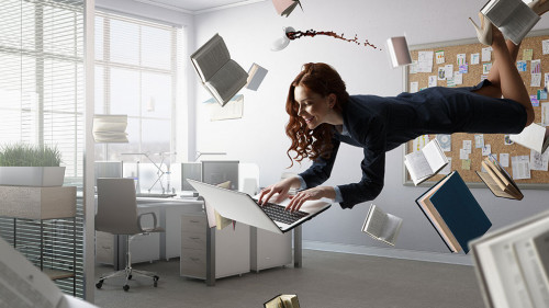 Joyful beautiful young levitating businesswoman. Mixed media