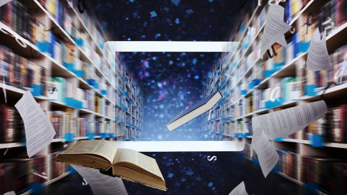 Digitization process from books to ebooks. from paper to digital in a laptop