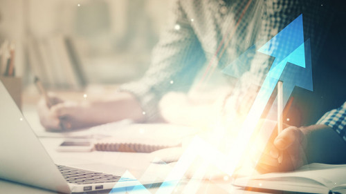 Growing arrows with businessman working on computer on background. Success concept. Double exposure.