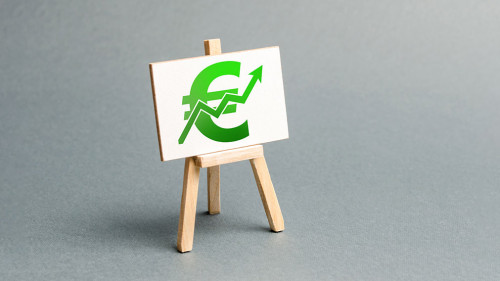 Information stand with a green Euro sign and up arrow. Increase profits and wealth. growth of wages, prices for manufactured and sold goods. Favorable conditions for business. Investment attraction