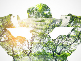 The double exposure image of the businessman relaxing on a chair