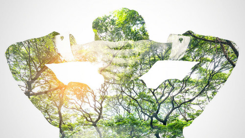 The double exposure image of the businessman relaxing on a chair