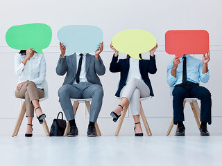Speech bubble, opinion and business people for social media communication, vote or voice and waiting room HR recruitment. Corporate workers with branding board for advertising, marketing and mock up