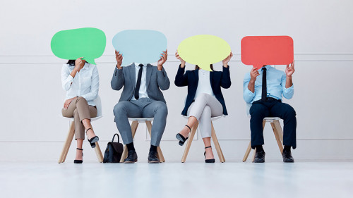 Speech bubble, opinion and business people for social media communication, vote or voice and waiting room HR recruitment. Corporate workers with branding board for advertising, marketing and mock up