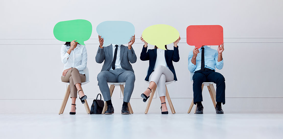 Speech bubble, opinion and business people for social media communication, vote or voice and waiting room HR recruitment. Corporate workers with branding board for advertising, marketing and mock up