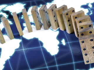 domino effect risk around world map concept background
