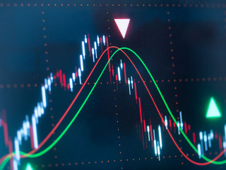 Trading monitor with strong increasing chart and moving averages