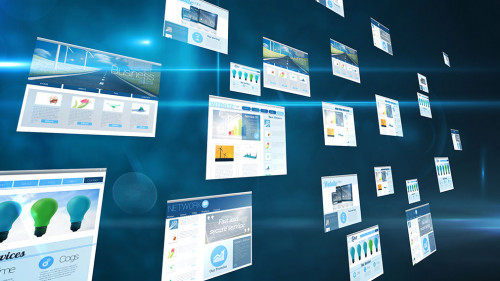 Digital composite of screens showing business advertisement on blue