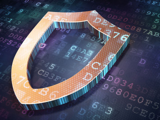 Privacy concept: Golden Contoured Shield on digital background