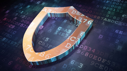 Privacy concept: Golden Contoured Shield on digital background