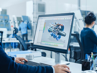 Over Shoulder: Heavy Industry Engineer Working on Personal Computer, Screen Shows CAD Software Showing New Generation Electric Engine. Industrial Factory with High-Tech CNC Machinery
