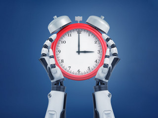 3d rendering of two robotic arms carefully holding a red retro alarm clock.