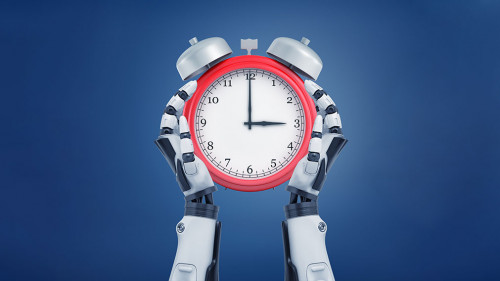 3d rendering of two robotic arms carefully holding a red retro alarm clock.