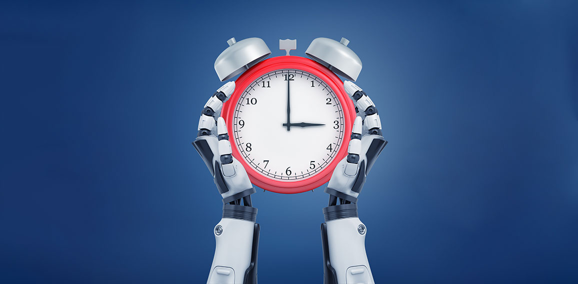 3d rendering of two robotic arms carefully holding a red retro alarm clock.