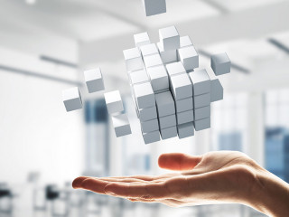 Cube white figure in male palm as symbol for integration. 3D rendering