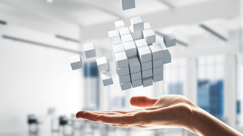 Cube white figure in male palm as symbol for integration. 3D rendering