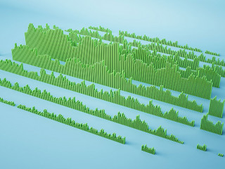Abstract green business chart and graph on blue backdrop. Finance, report and banking concept. 3D Rendering.